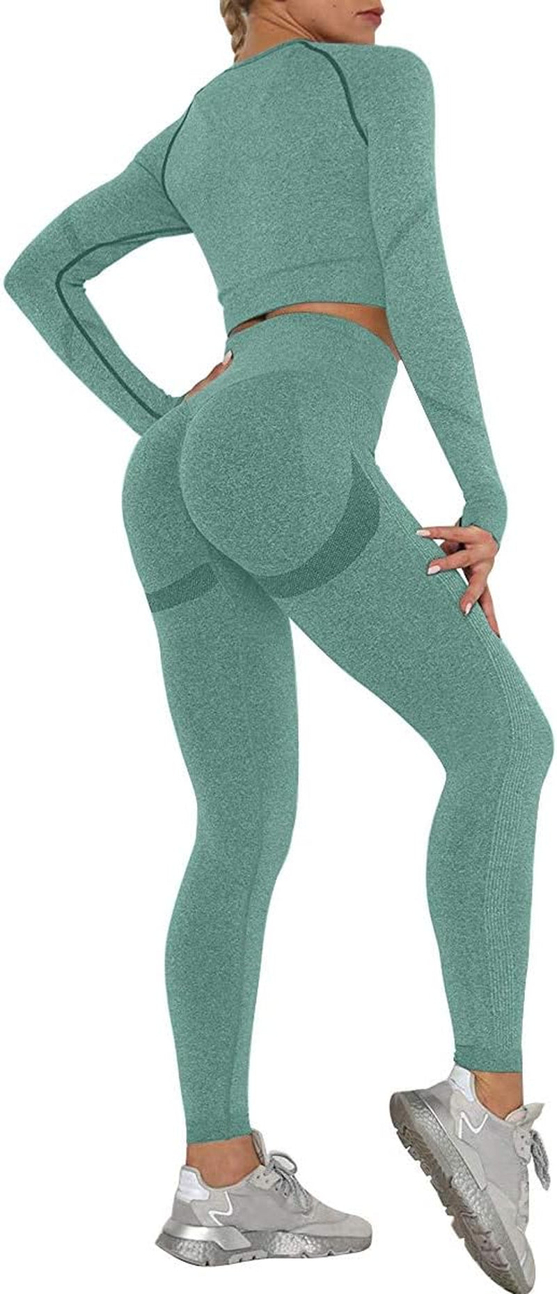 Women Butt Lifting Yoga Legging Long Sleeve Crop Top Tummy Control 2 Piece Workout Outfits Sets Green S