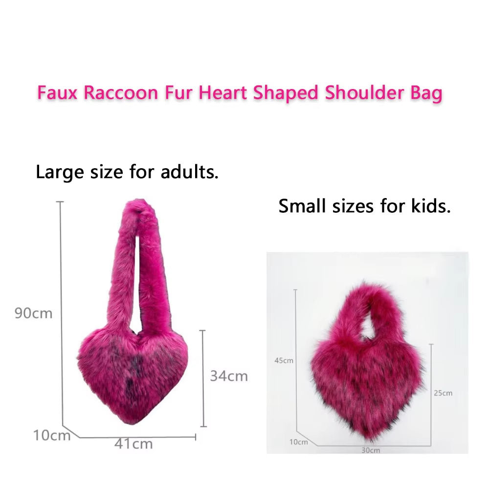 2023 Fluffy Plush Winter Women Handbags Heart Shaped Faux Raccoon Fur Heart Shaped Shoulder Bag Cute Love Tote Bags for Women