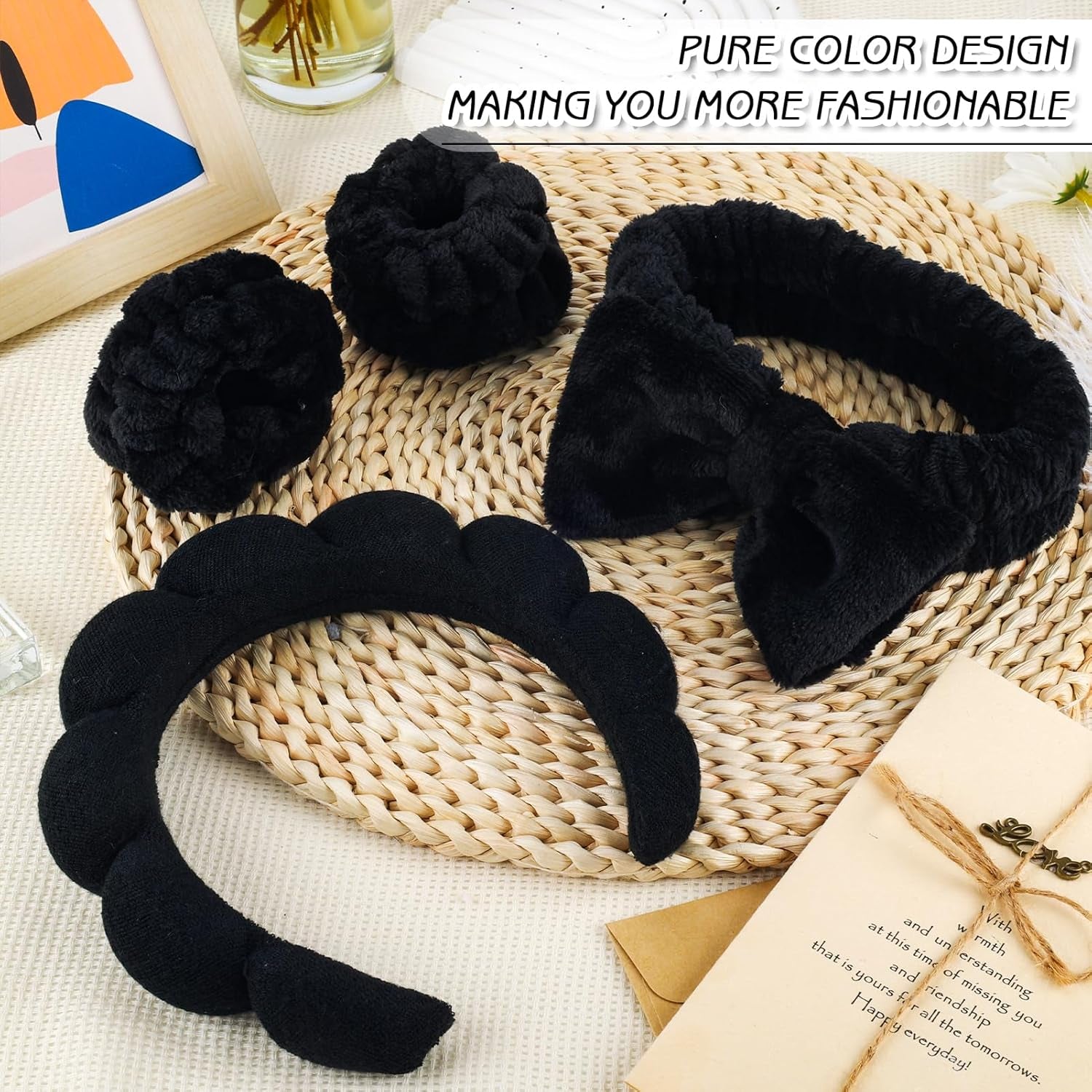 6Pcs Spa Headband for Washing Face Wristbands Set Women Bubble Skincare Makeup Sponge Terry Cloth Padded Puffy Headband Bow Tie Hairband Cute Non Slip Thick Hair Accessory Gifts(Black)