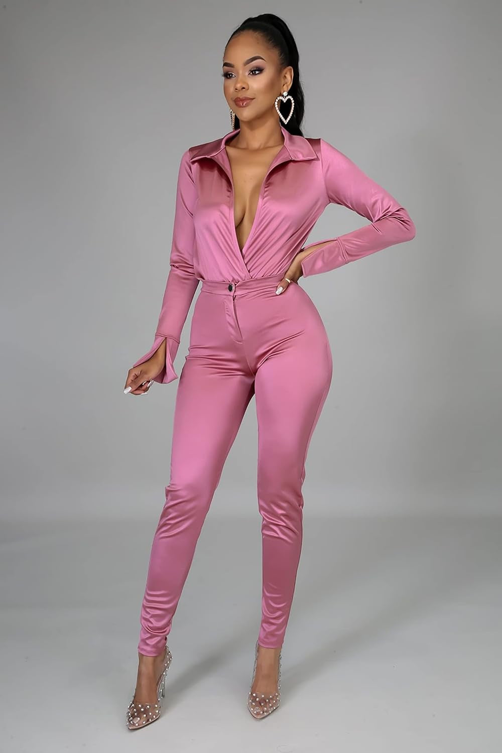 Women'S Silk Satin Business Suit Office Lady Two Piece Long Sleeve Bodysuit High Waist Bodycon Pants Matching Sets Pink