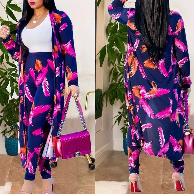 Print Longline Cardigan Coat & Pant Sets Women 2 Piece Set