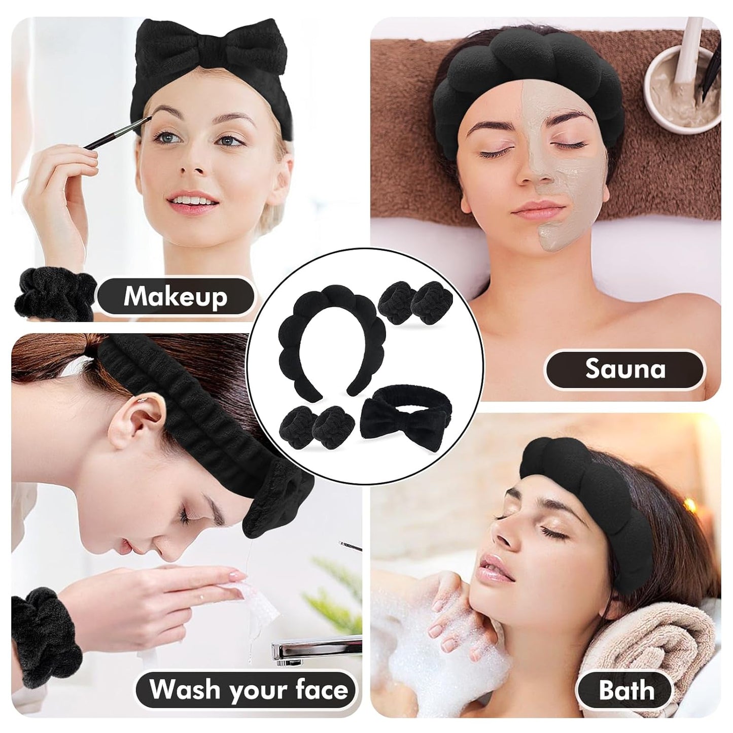 6Pcs Spa Headband for Washing Face Wristbands Set Women Bubble Skincare Makeup Sponge Terry Cloth Padded Puffy Headband Bow Tie Hairband Cute Non Slip Thick Hair Accessory Gifts(Black)