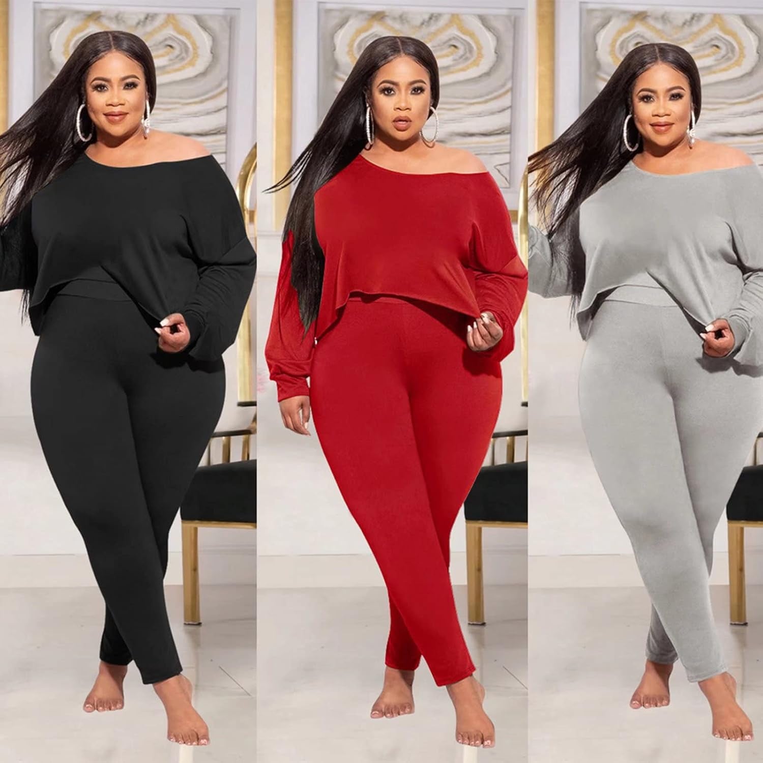 2 Piece Outfits for Women Solid Clubwear off Shoulder Long Sleeve Shirt Bodycon Pants Sets plus Size Tracksuit Casual