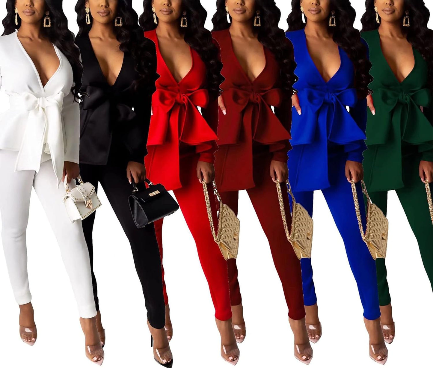 2 Piece Outfits for Women Blazer with Pants Deep V Long Sleeve Slim Fit Ruffle Pelplum Business Suit