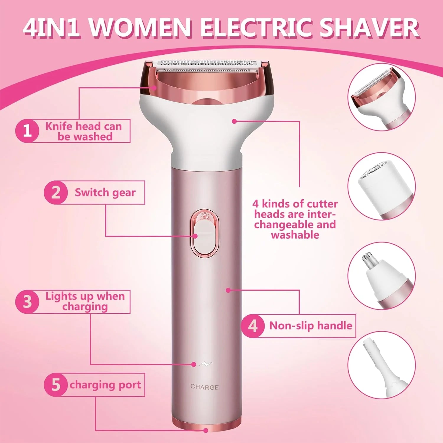 Electric Lady Shaver, Women Razors for Shaving Cordless 4-In-1 Painless Shaver for Women Face, Legs and Underarm, Portable Bikini Trimmer Wet & Dry Hair Removal, Cordless - Micro USB Rechargeable