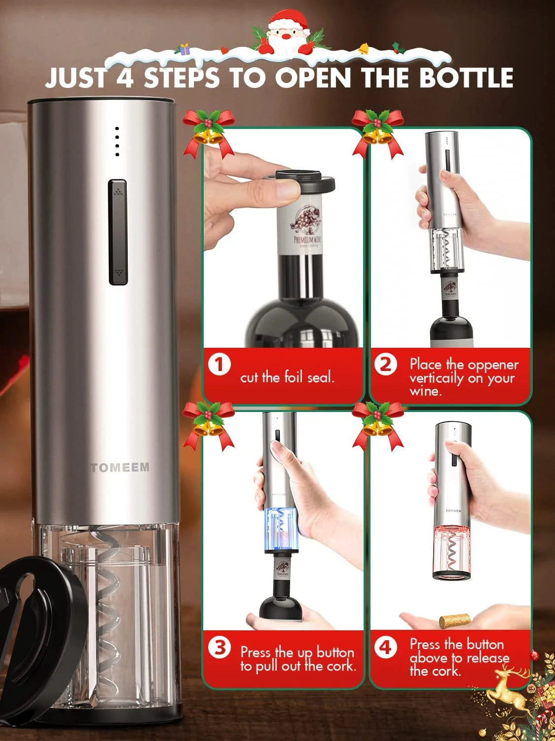 Electric Wine Opener Set 4-In-1  Wine Gift Set with Rechargeable Wine Opener Aerator Vacuum Stoppers and Foil Cutter Electric Wine Bottle Opener