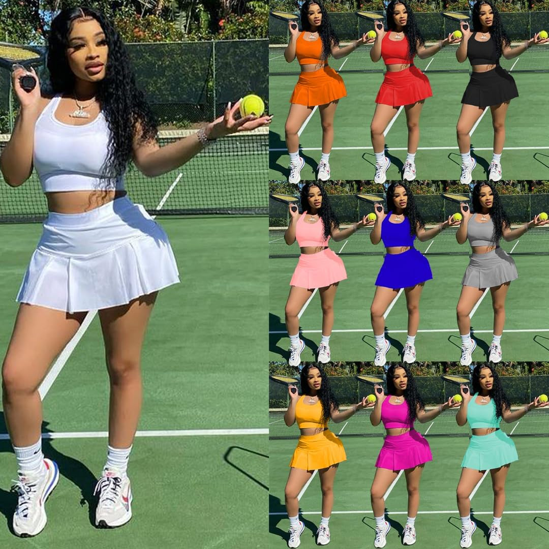 Womens Casual Sports 2 Piece Outfits Skirt Sets Athletic Tank Crop Top Mini Pleated Tennis Golf Skorts Skirts Activewear