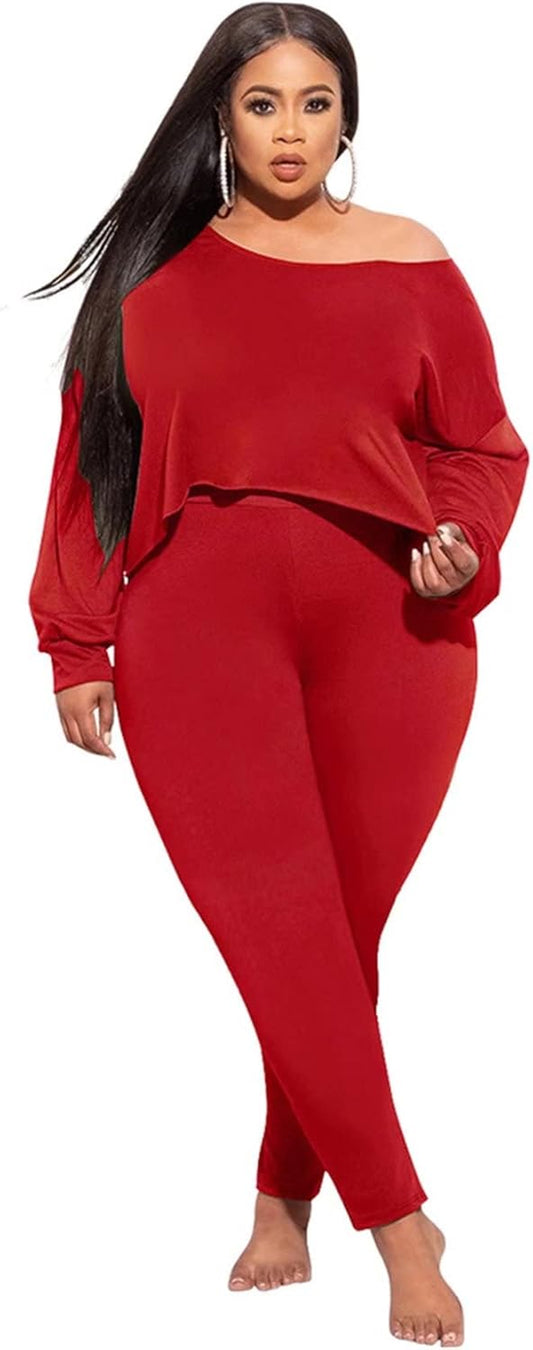 2 Piece Outfits for Women Solid Clubwear off Shoulder Long Sleeve Shirt Bodycon Pants Sets plus Size Tracksuit Casual