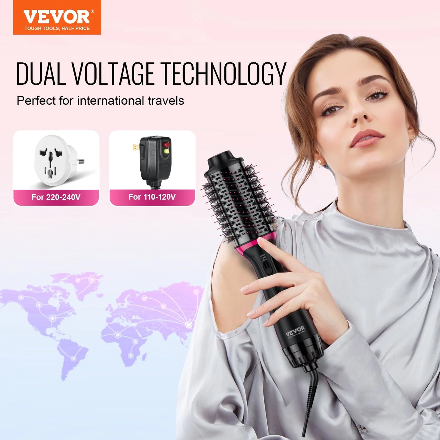 VEVOR Hair Blow Dryer Brush Dual Voltage Hot Air Styler with 2.56 Oval Barrel