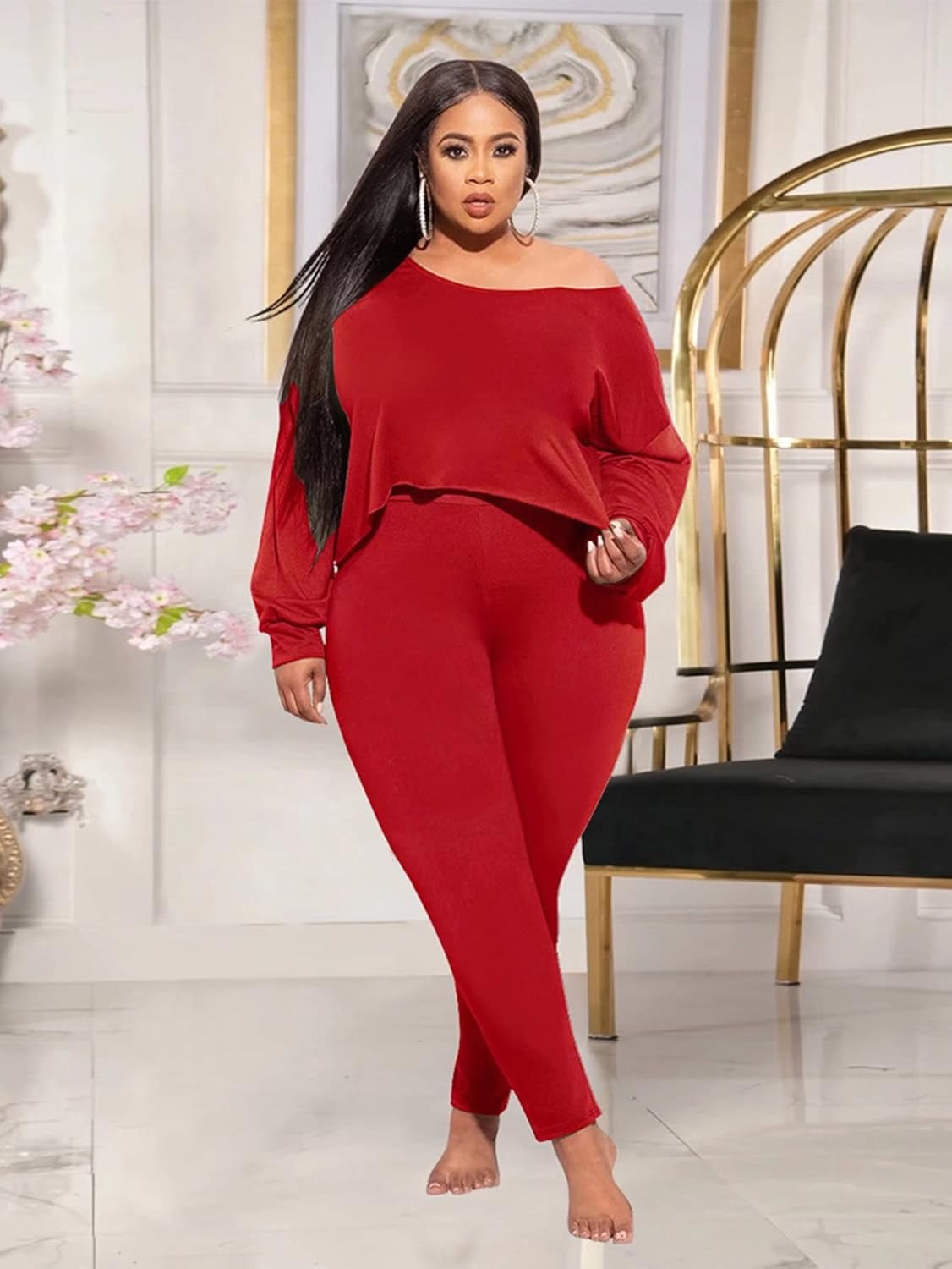 2 Piece Outfits for Women Solid Clubwear off Shoulder Long Sleeve Shirt Bodycon Pants Sets plus Size Tracksuit Casual