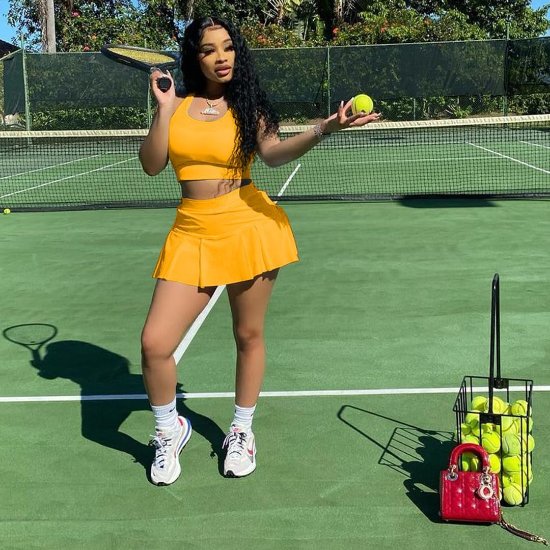 Womens Casual Sports 2 Piece Outfits Skirt Sets Athletic Tank Crop Top Mini Pleated Tennis Golf Skorts Skirts Activewear