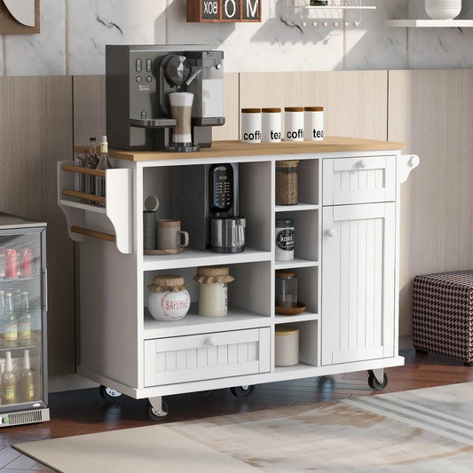 Kitchen Island Cart Rolling Storage Trolley Cart with Two Locking Wheels, Farmhouse Islands Home Coffee Bar Serving Utility Cart with Drawers,Cabinet, Towel Rack and Solid Wood Top, White