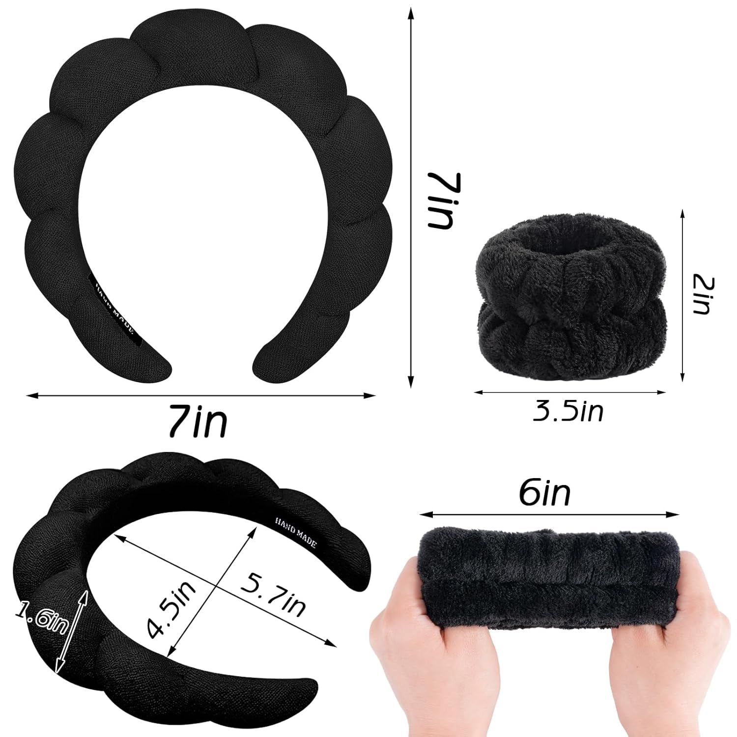 6Pcs Spa Headband for Washing Face Wristbands Set Women Bubble Skincare Makeup Sponge Terry Cloth Padded Puffy Headband Bow Tie Hairband Cute Non Slip Thick Hair Accessory Gifts(Black)