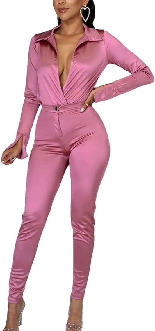 Women'S Silk Satin Business Suit Office Lady Two Piece Long Sleeve Bodysuit High Waist Bodycon Pants Matching Sets Pink