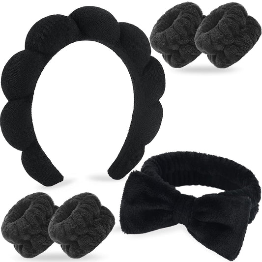 6Pcs Spa Headband for Washing Face Wristbands Set Women Bubble Skincare Makeup Sponge Terry Cloth Padded Puffy Headband Bow Tie Hairband Cute Non Slip Thick Hair Accessory Gifts(Black)