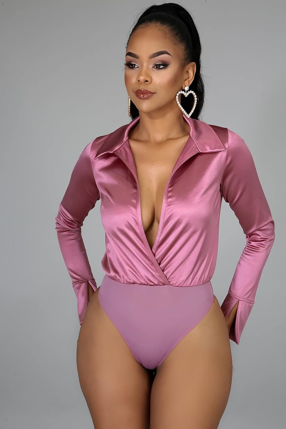 Women'S Silk Satin Business Suit Office Lady Two Piece Long Sleeve Bodysuit High Waist Bodycon Pants Matching Sets Pink