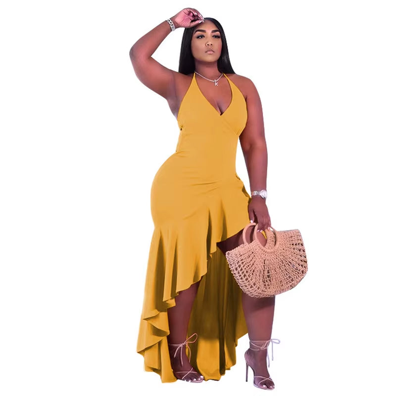 4Xl plus Size Clothing Dress Women Wholesale V Neck Elegant Party Outfits Ruffle Summer Tank Maxi Dresses for Women Dropshipping