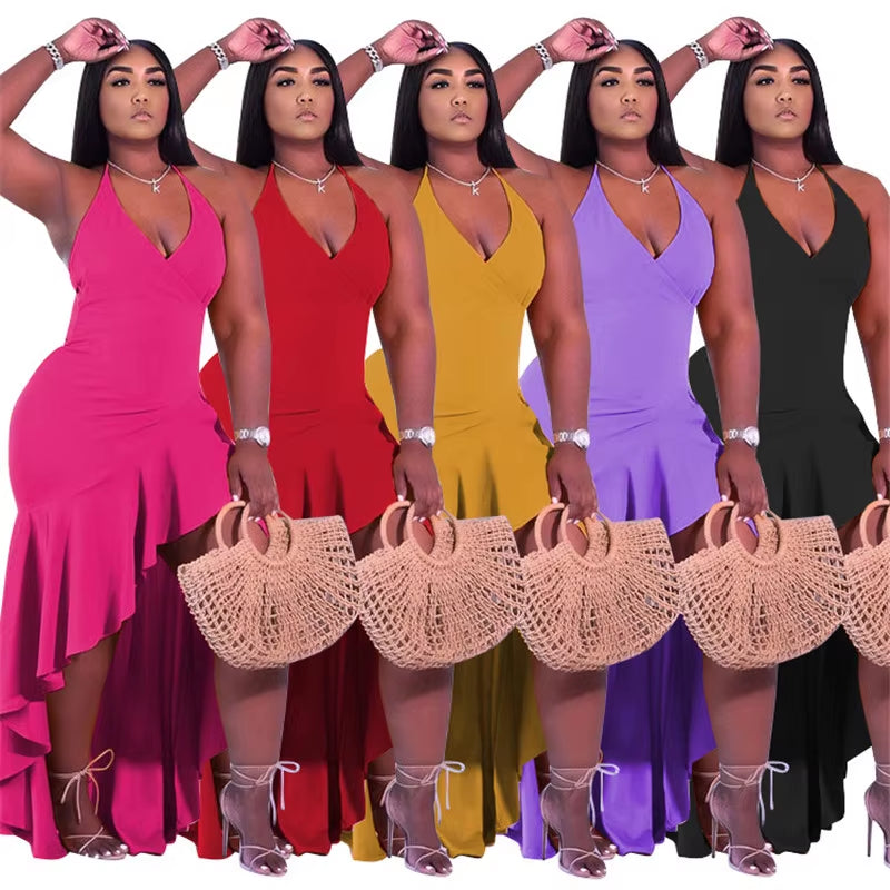 4Xl plus Size Clothing Dress Women Wholesale V Neck Elegant Party Outfits Ruffle Summer Tank Maxi Dresses for Women Dropshipping