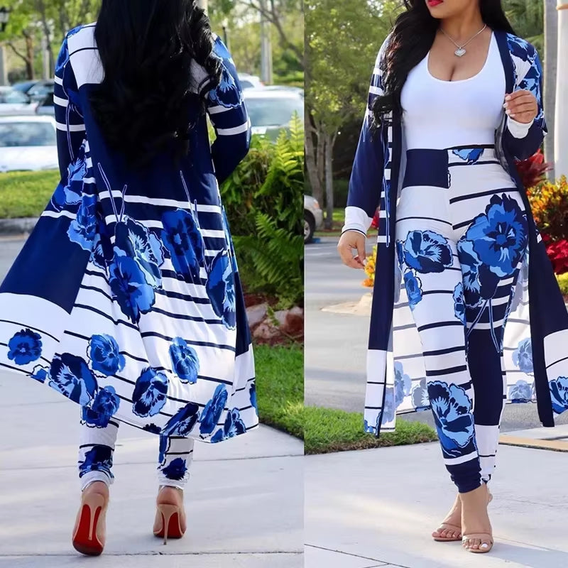 Print Longline Cardigan Coat & Pant Sets Women 2 Piece Set