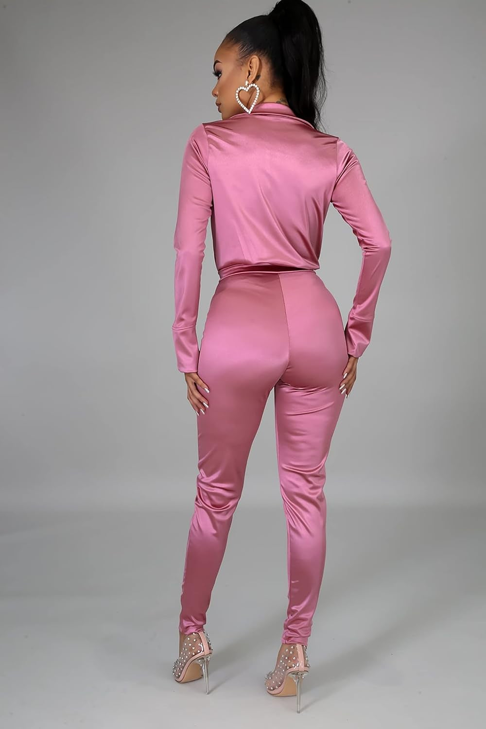 Women'S Silk Satin Business Suit Office Lady Two Piece Long Sleeve Bodysuit High Waist Bodycon Pants Matching Sets Pink