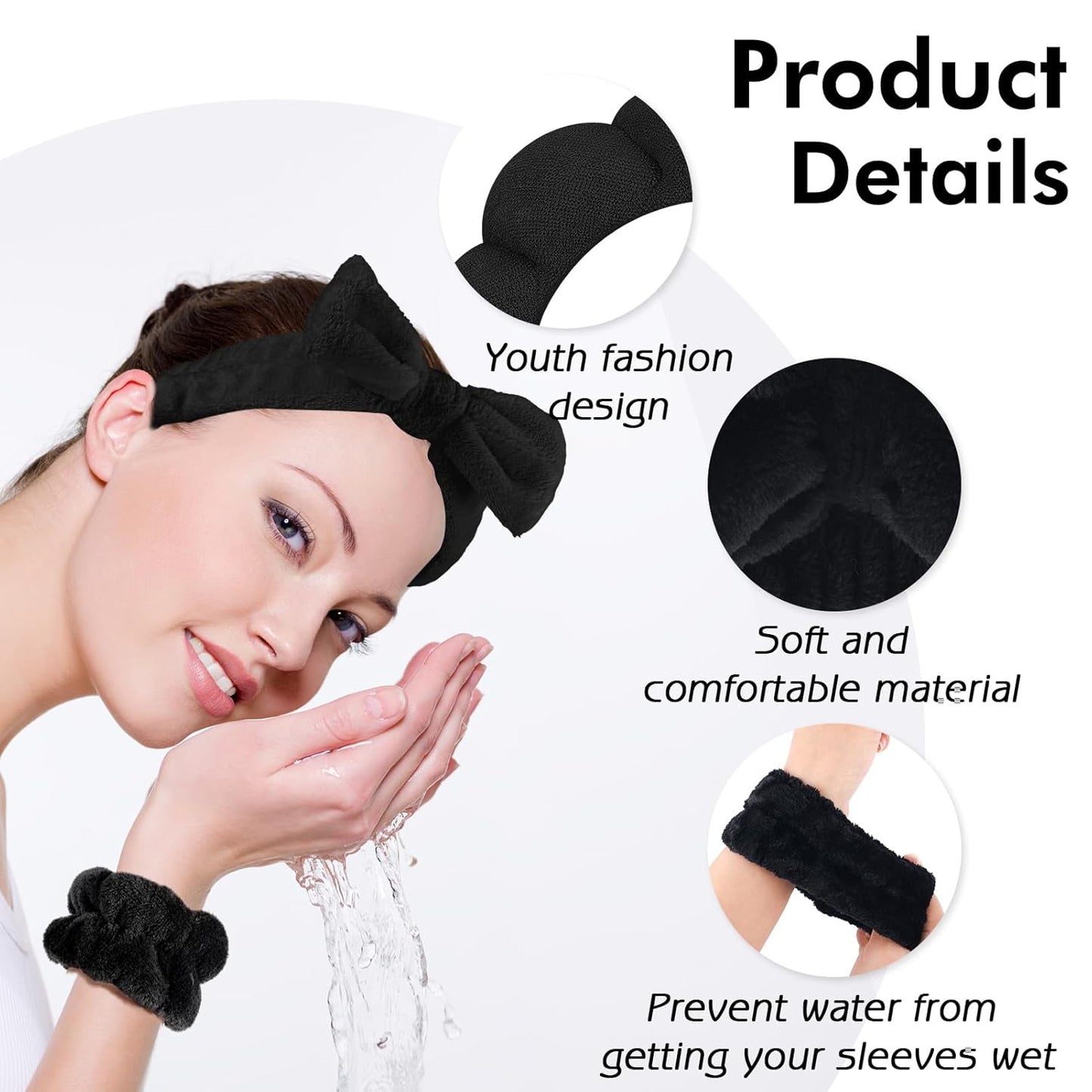 6Pcs Spa Headband for Washing Face Wristbands Set Women Bubble Skincare Makeup Sponge Terry Cloth Padded Puffy Headband Bow Tie Hairband Cute Non Slip Thick Hair Accessory Gifts(Black)