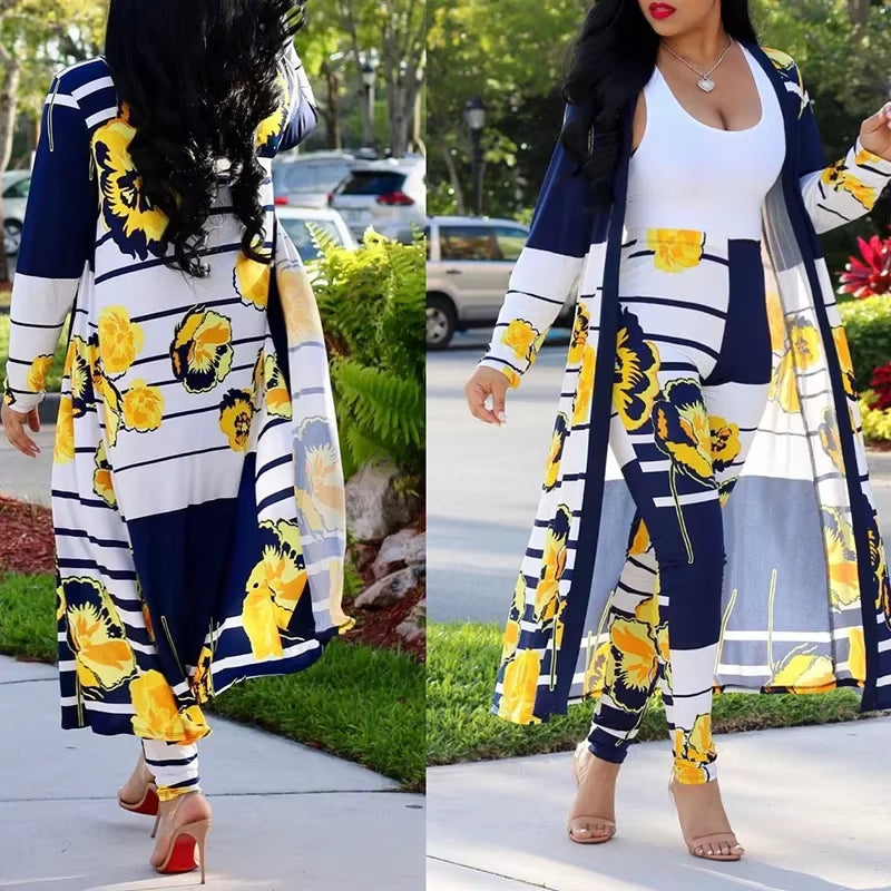 Print Longline Cardigan Coat & Pant Sets Women 2 Piece Set