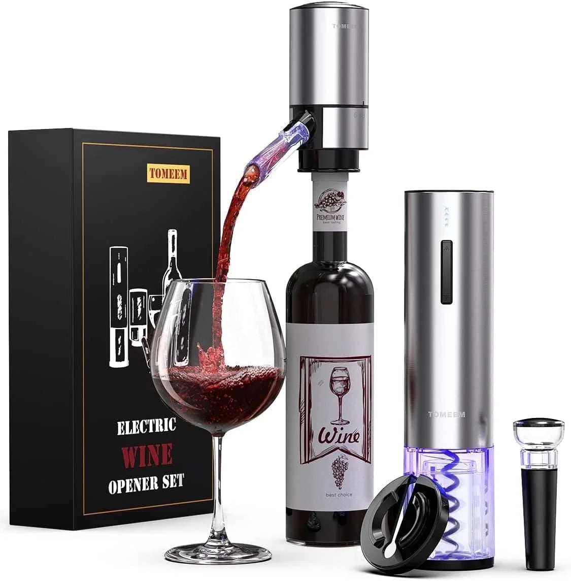 Electric Wine Opener Set 4-In-1  Wine Gift Set with Rechargeable Wine Opener Aerator Vacuum Stoppers and Foil Cutter Electric Wine Bottle Opener