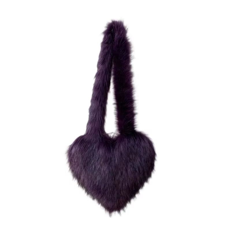 2023 Fluffy Plush Winter Women Handbags Heart Shaped Faux Raccoon Fur Heart Shaped Shoulder Bag Cute Love Tote Bags for Women