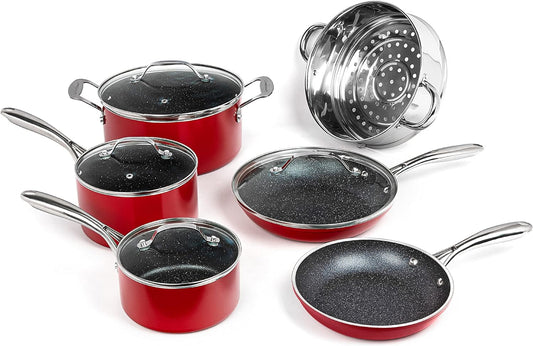 Granite Stone Red Cookware Sets Nonstick Pots and Pans Set– 10Pc Kitchen Cookware Sets |Cookware Pots and Pans for Cooking Pan Set Diamond Cookware Set Non Sticking Pan Set