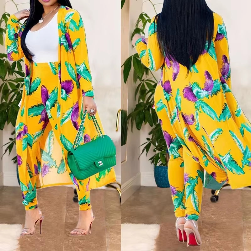 Print Longline Cardigan Coat & Pant Sets Women 2 Piece Set